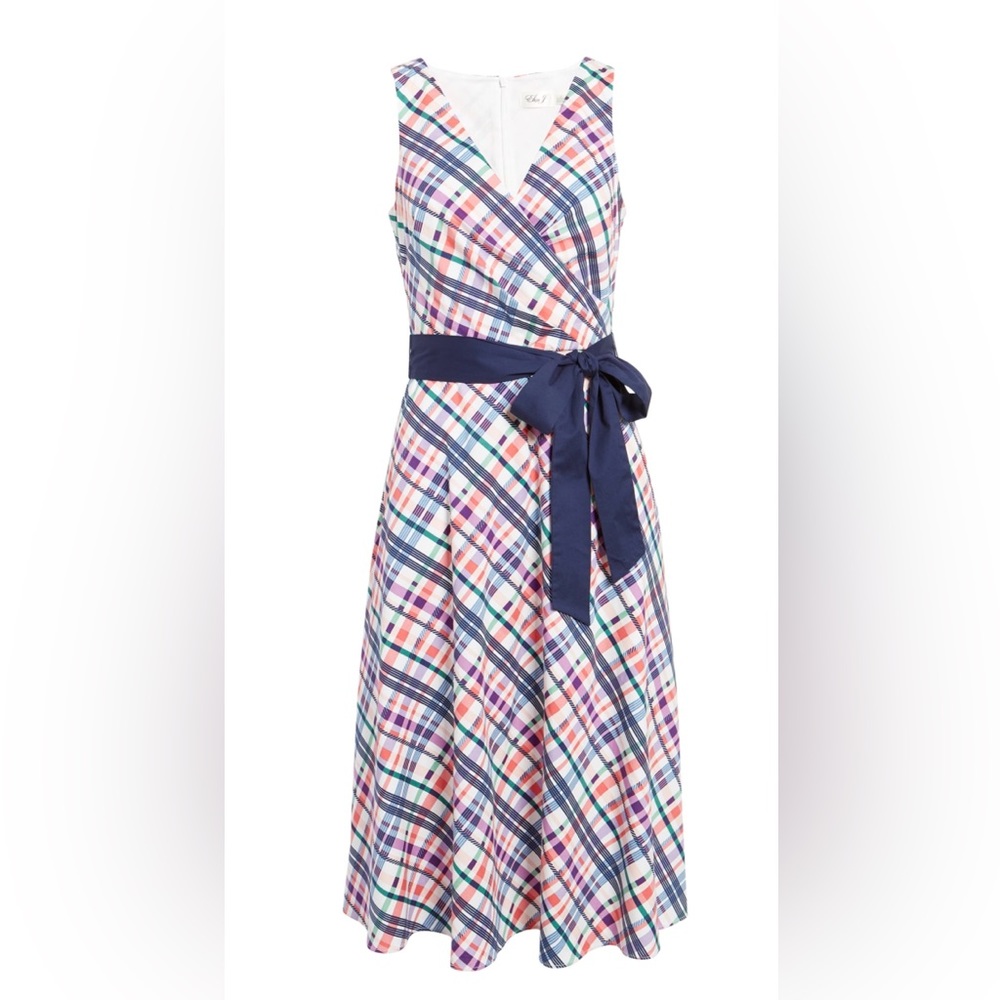 NWT Eliza J Stretch Poplin Sash Waist Fit & Flare MIDI Dress in Plaid Size 6